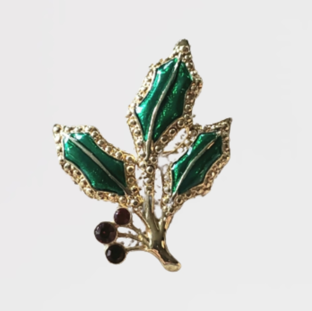 Liz Claiborne Holly With Berries Rhinestones Gold Brooch Pin